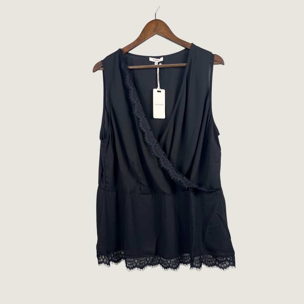 Pleione Top Women 2X Black Sleeveless Wrap Eyelash Lace Trim V-Neck WAQ511623PL